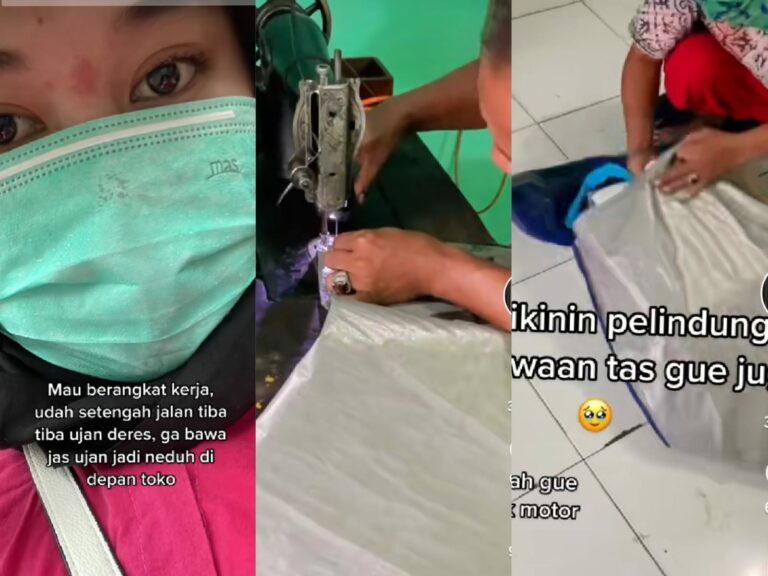 Viral! Penjual Terpal Baik Hati, Bikin Jas Hujan dari Dagangannya untuk Wanita yang Berteduh